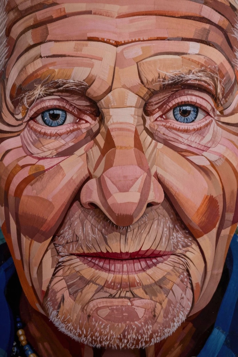 Acrylic painting of an elderly man's face rendered in geometric color blocks with blue eyes, collar, and necklace.