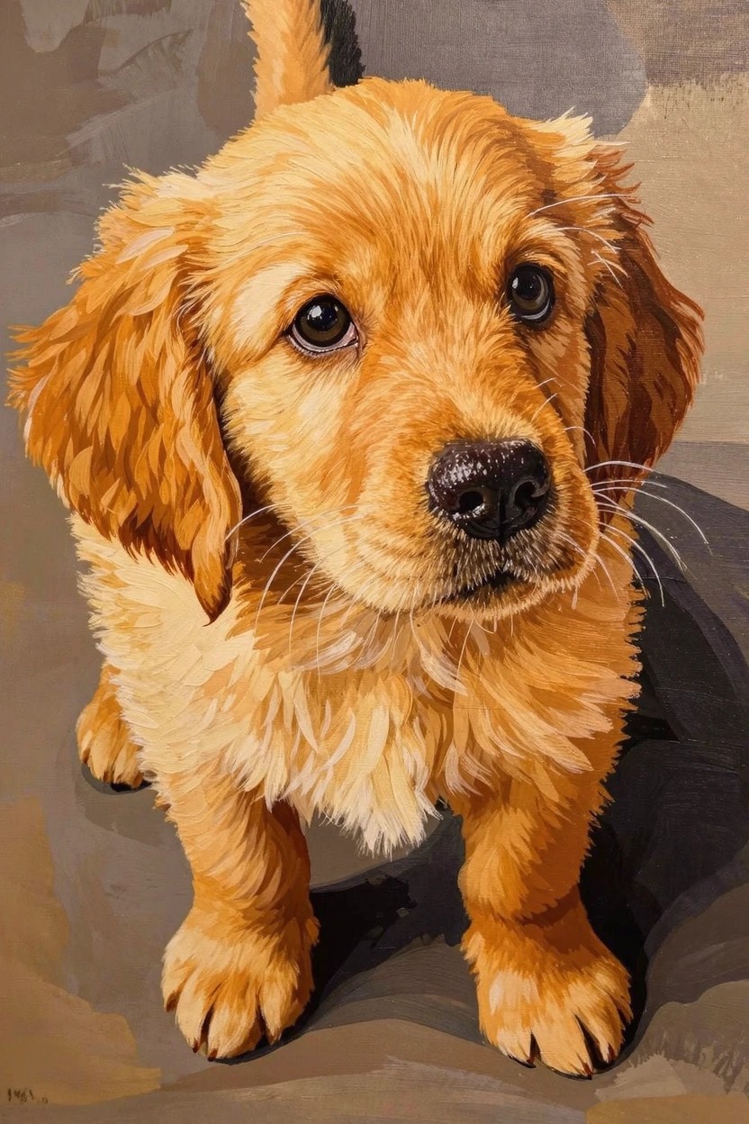 Acrylic painting of a fluffy golden retriever puppy in close-up, sitting with paws forward, big eyes looking ahead, against a blurred gray background.