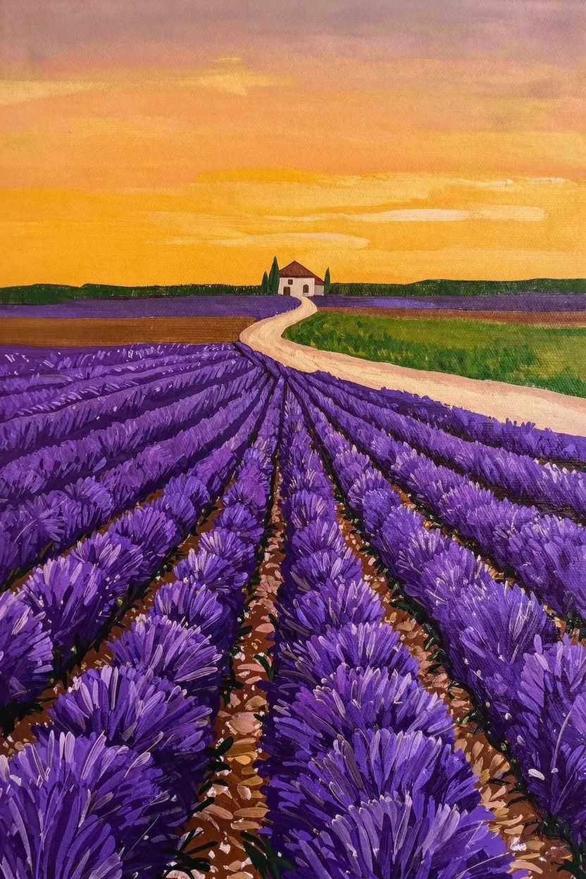 Acrylic painting of purple lavender fields with a winding white road leading to a house under an orange-yellow sunset sky.