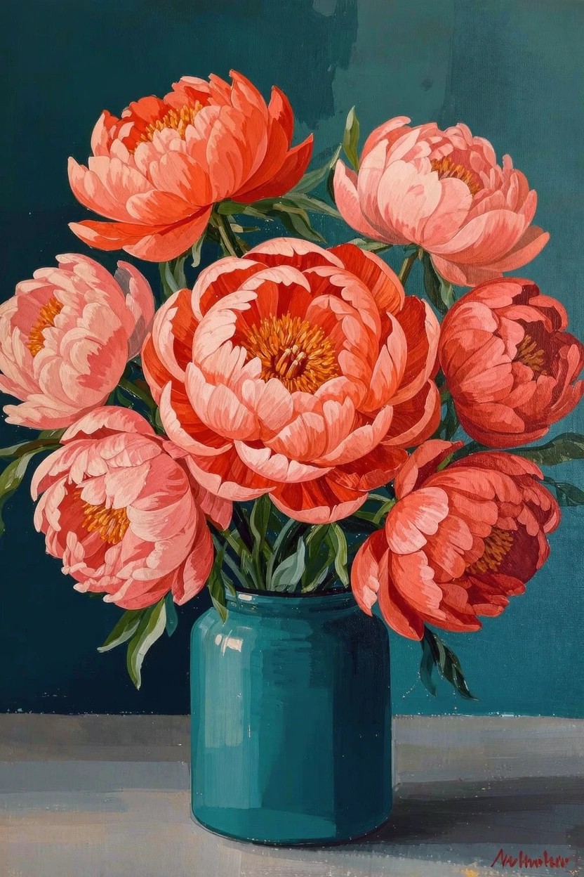 Acrylic painting of a bouquet of pink and orange peonies in a teal jar against a teal background.