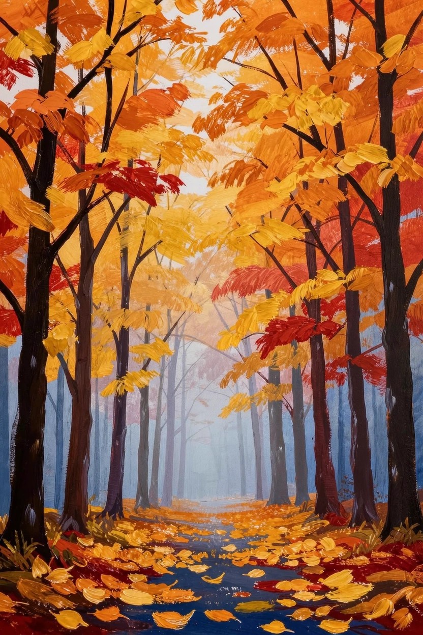 Acrylic painting of a misty path lined with tall autumn trees in orange, yellow, and red foliage, with fallen leaves on a blue trail.