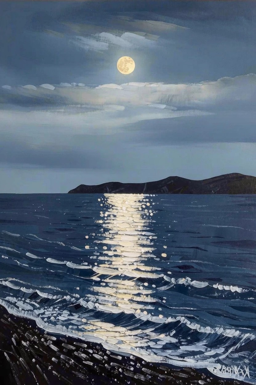 Acrylic painting of a golden full moon reflecting in a silvery path on dark blue ocean waves, with silhouetted hills under a cloudy night sky.