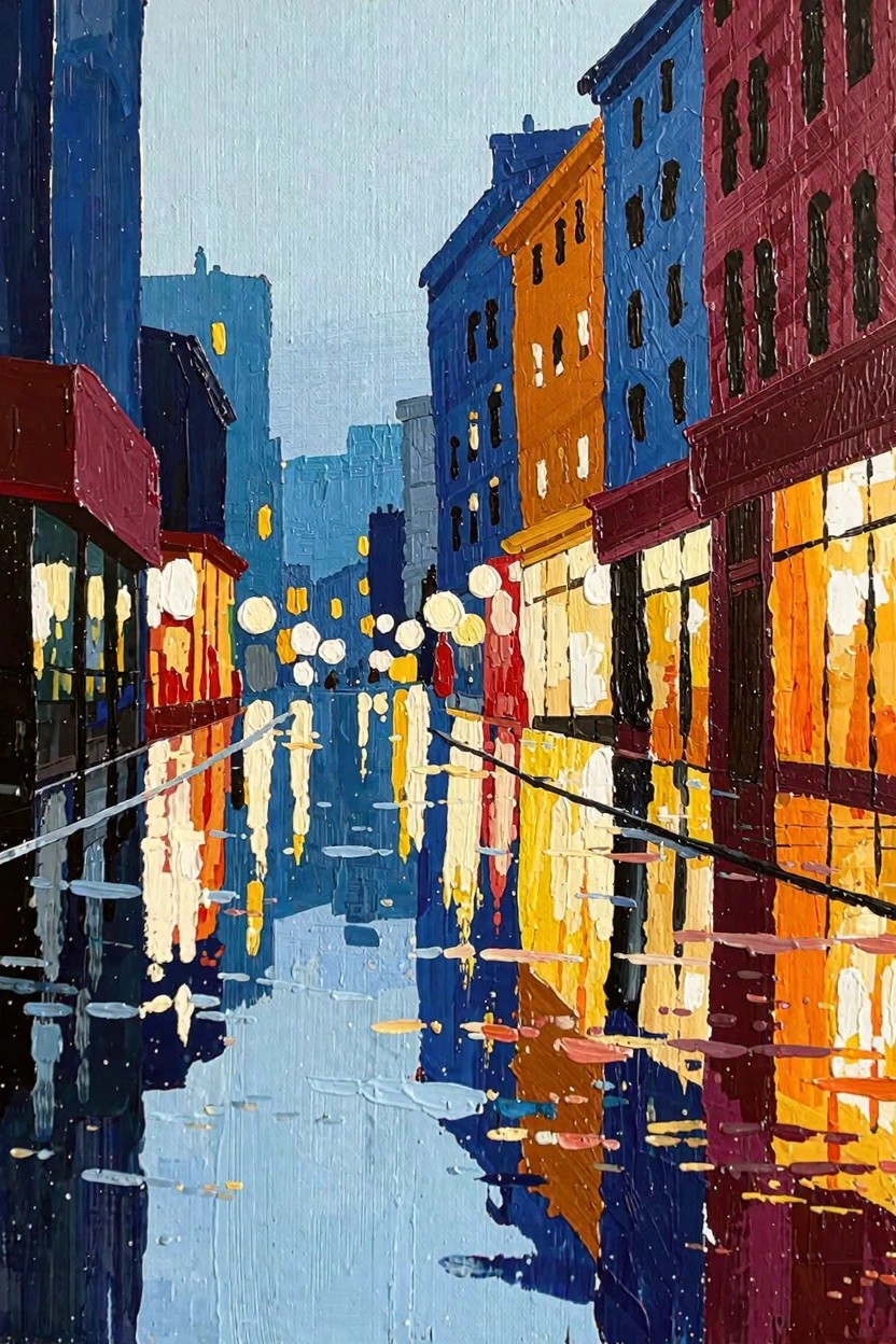 Acrylic painting of a narrow rainy city street at night with colorful buildings and lights reflecting on wet pavement.