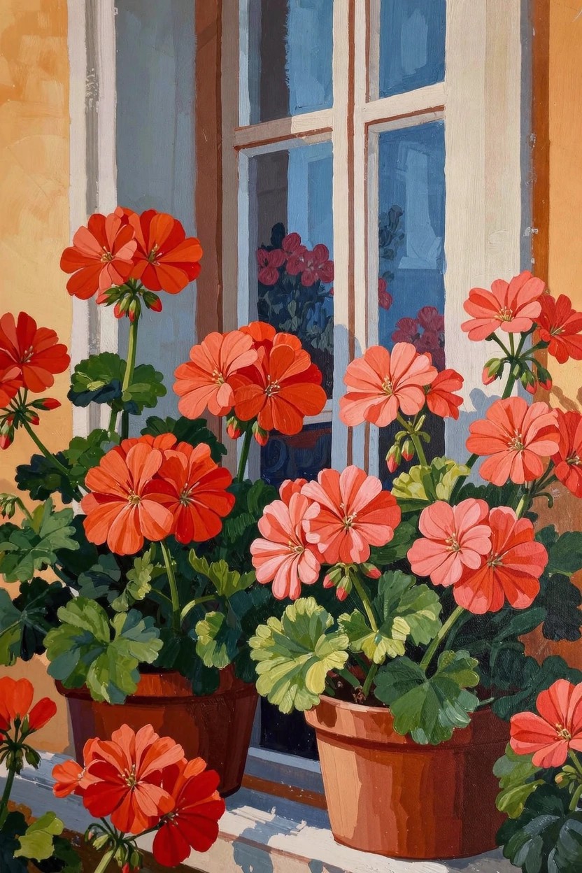 Acrylic painting of red geraniums in terracotta pots on a windowsill next to a white window against yellow walls.