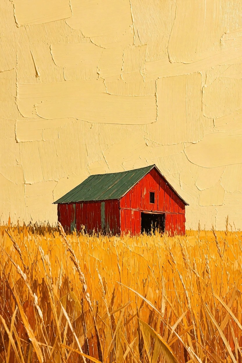 Acrylic painting of a red barn with green roof centered in golden wheat fields under a textured yellow sky.