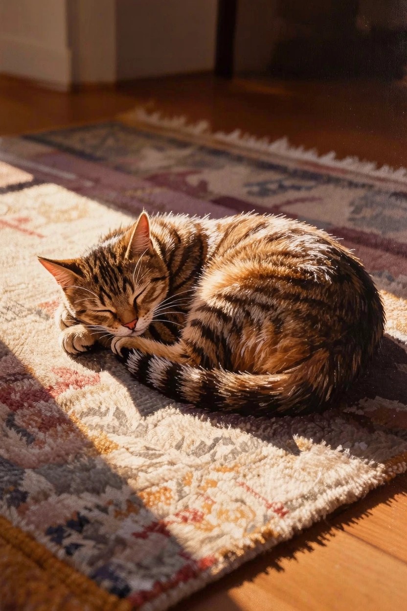 A tabby cat curled up asleep on a colorful patterned rug bathed in sunlight.
