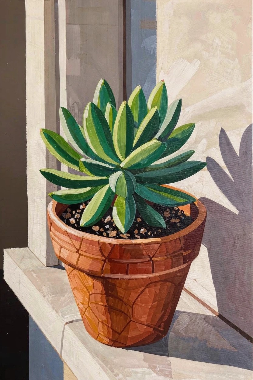 Acrylic painting of a green succulent in a terracotta pot on a sunlit windowsill casting shadows on a light wall.