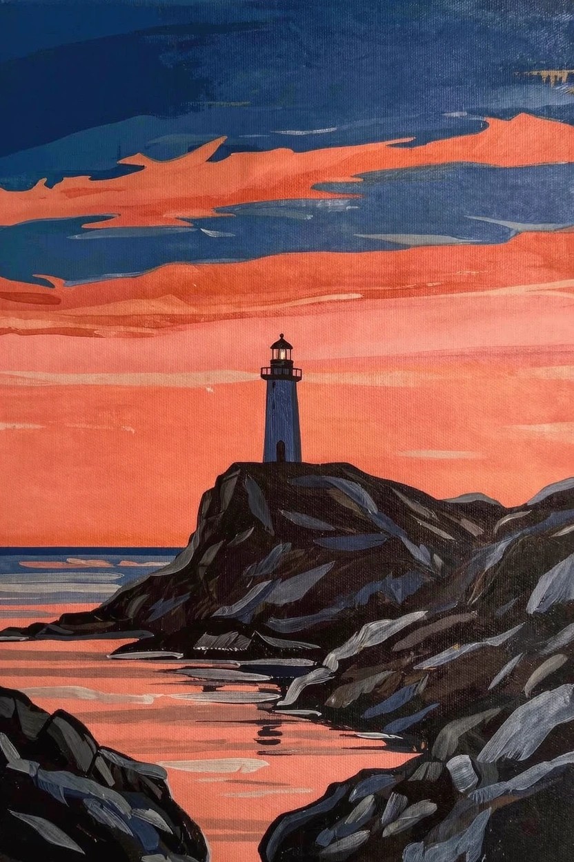 Acrylic painting of a dark blue lighthouse on gray rocks at sunset with orange-pink sky, ocean waves, and cliff edges.
