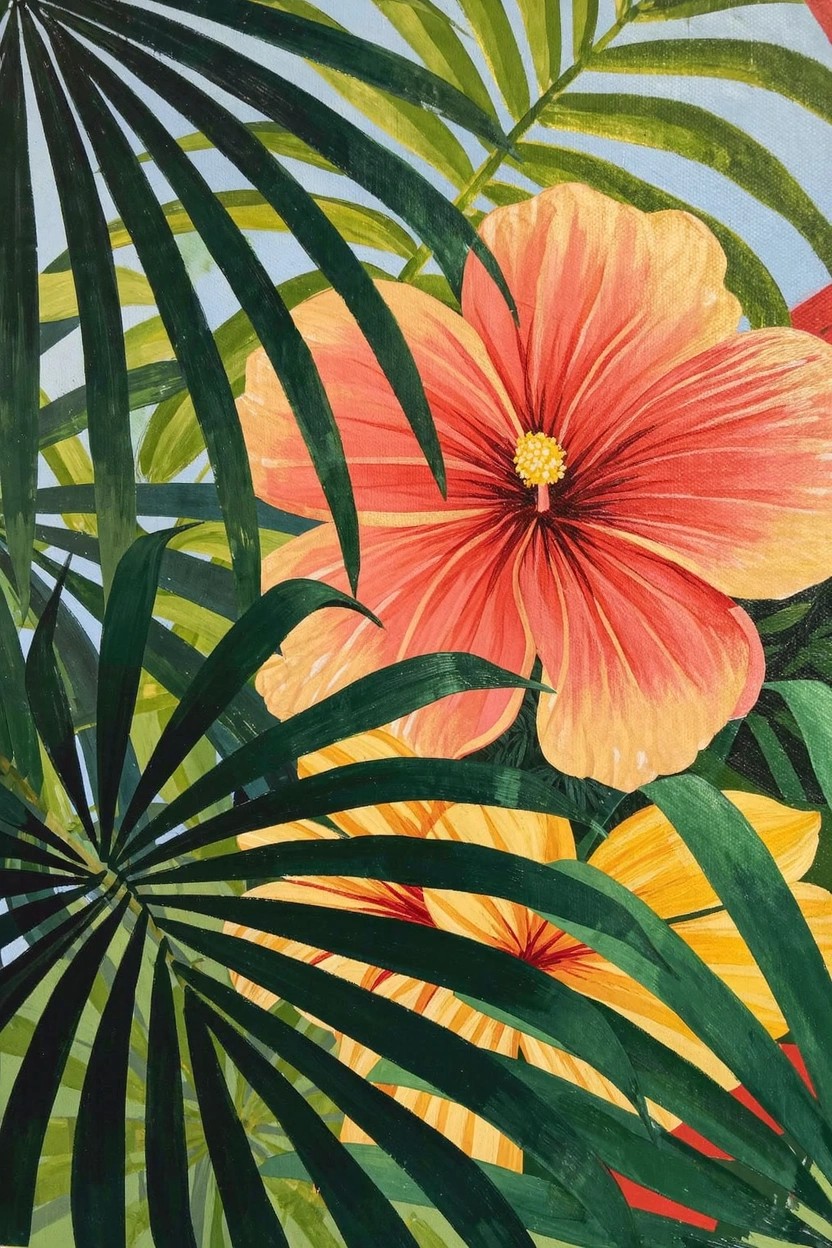 Acrylic painting featuring a large pink hibiscus flower centered among green palm leaves with subtle yellow accents.