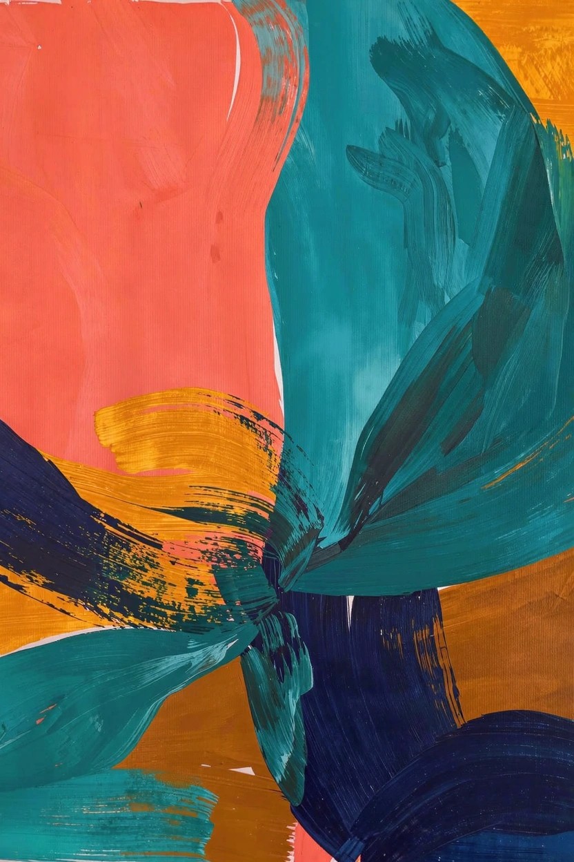 Abstract acrylic painting with bold, overlapping brushstrokes in turquoise, coral, orange, navy blue, green, and yellow.