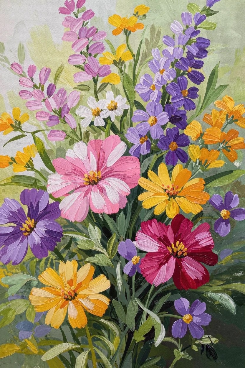 Acrylic painting of a vertical bouquet with pink, purple, yellow, white, and orange flowers plus green leaves on a soft light background.