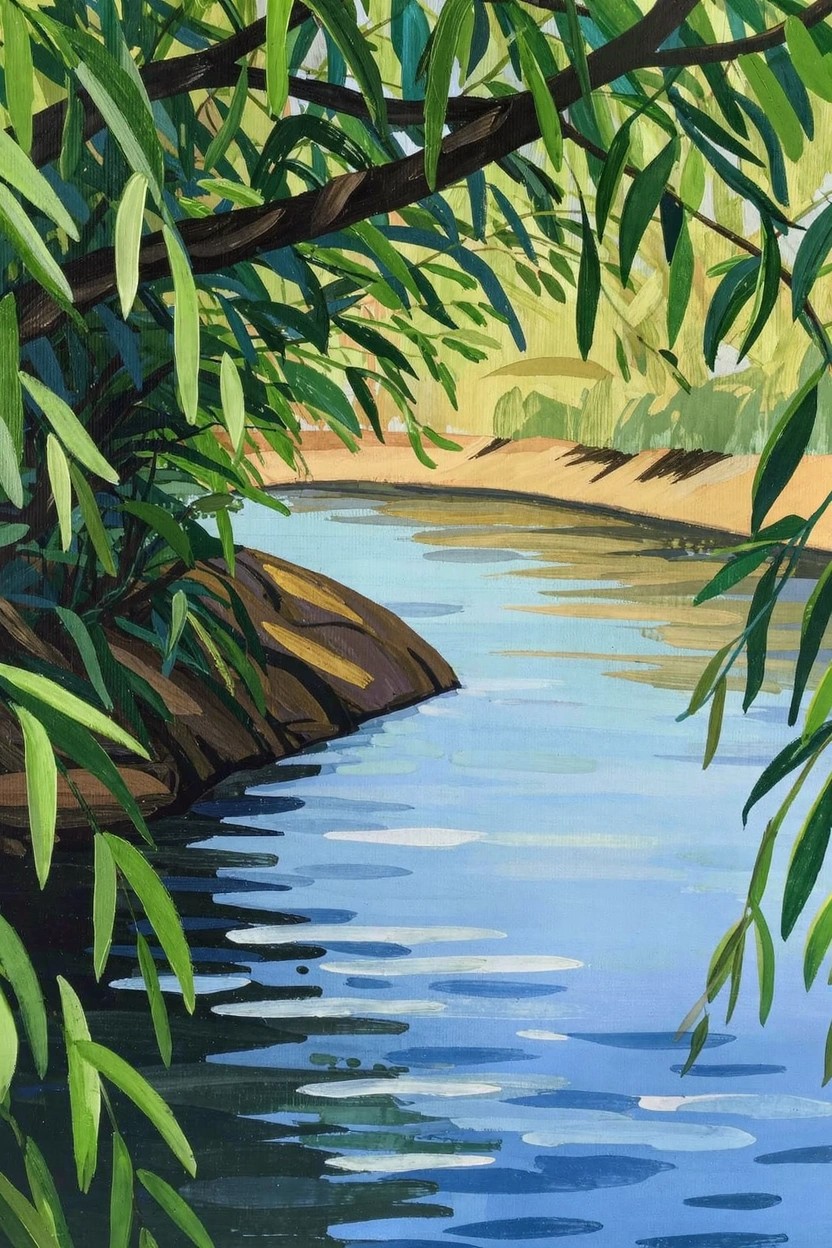 Acrylic painting of green willow branches overhanging a blue river with sandy bank, rocks, and water reflections.