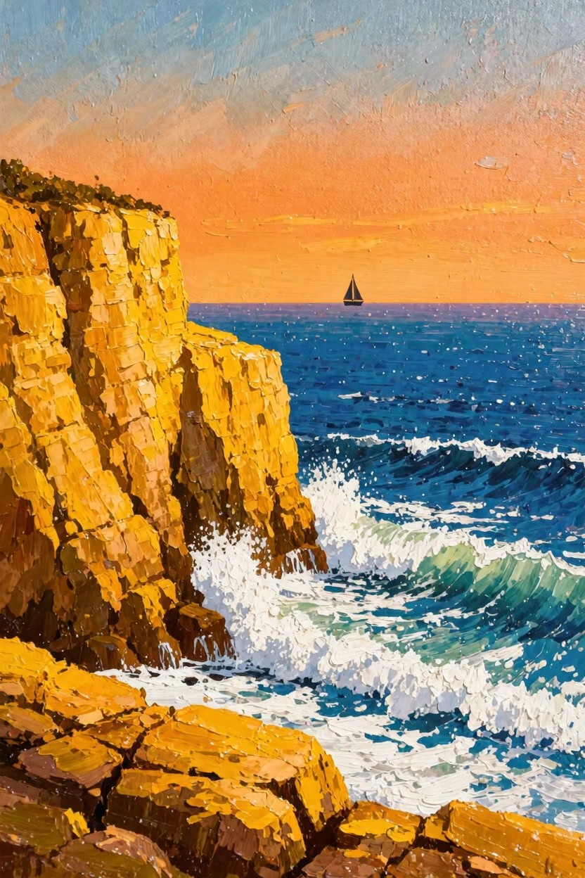 Acrylic painting of orange rock cliffs next to crashing blue waves and ocean with a distant sailboat at sunset.