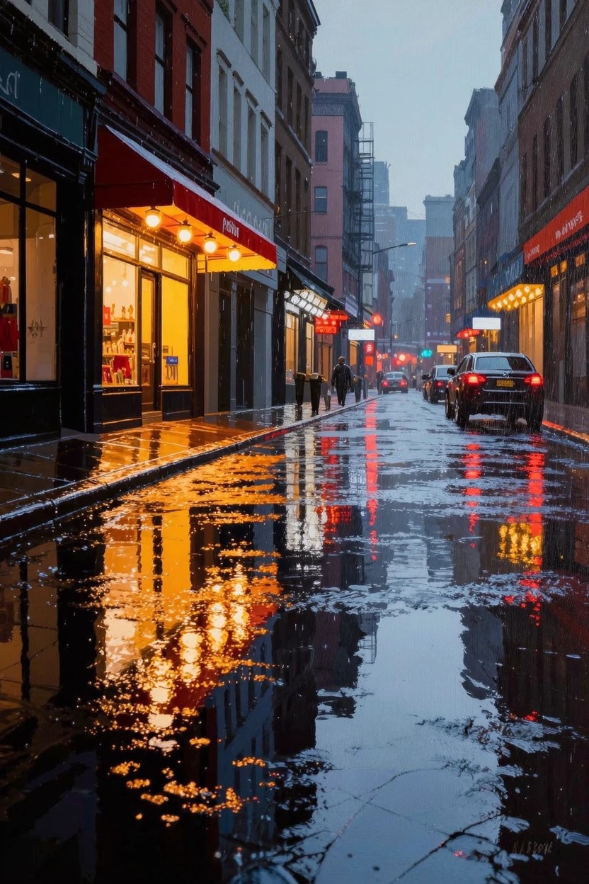 A narrow rainy city street at night with neon lights and buildings reflecting in wet puddles.