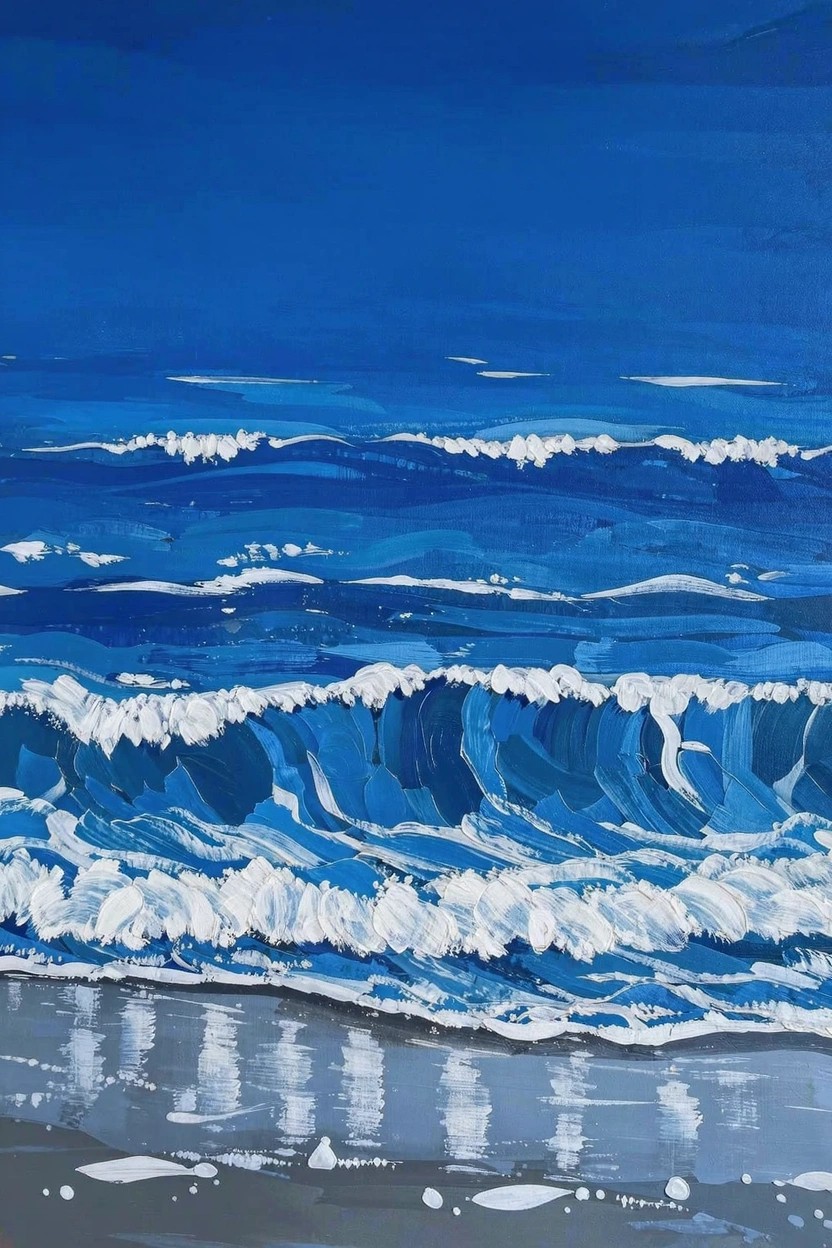 Acrylic painting of blue ocean waves rolling toward a gray sandy beach with white foam and reflections.
