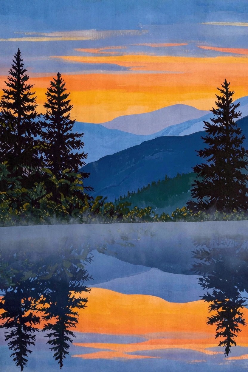Acrylic painting of dark pine trees silhouetted against an orange-pink sunset sky with purple mountains, reflected in a blue misty lake.