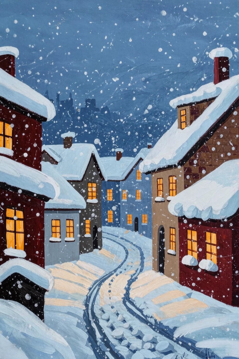 Acrylic painting of a snowy village street at night with warm window lights, falling snow, and snow-covered houses along a central path.