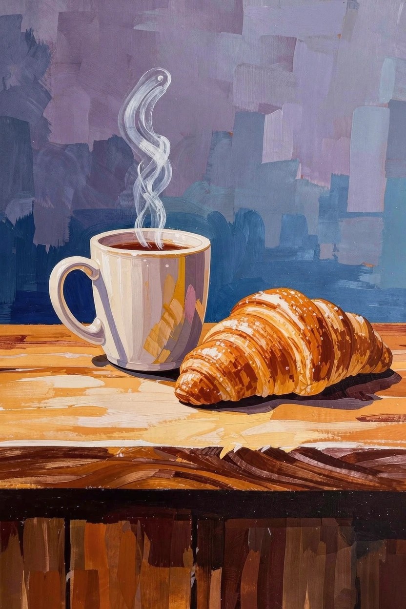 Acrylic painting of a white mug with rising steam next to a croissant on wood, set against purple-blue abstract blocks.