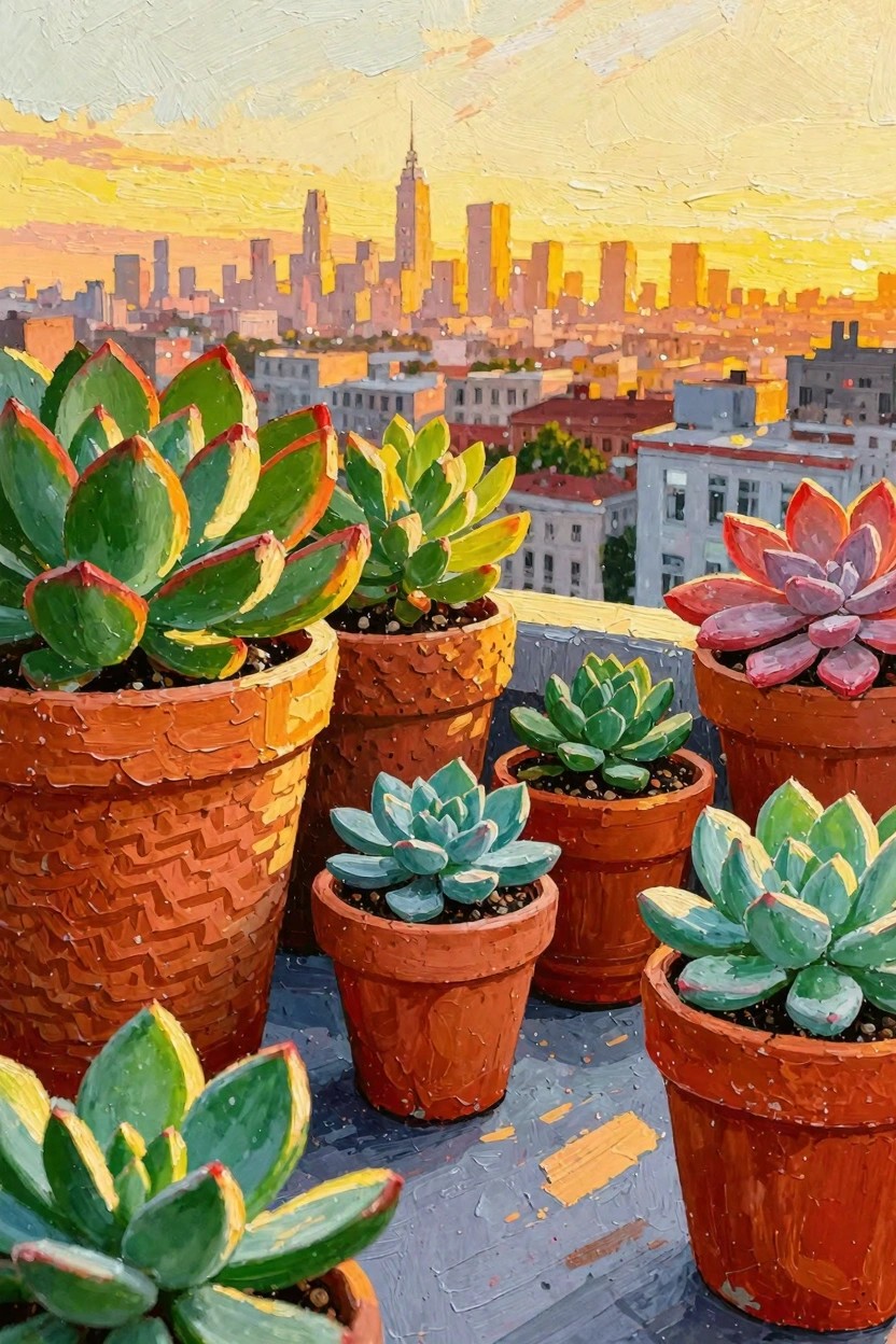 Acrylic painting of potted succulents on a rooftop terrace overlooking a glowing sunset New York City skyline with the Empire State Building visible.