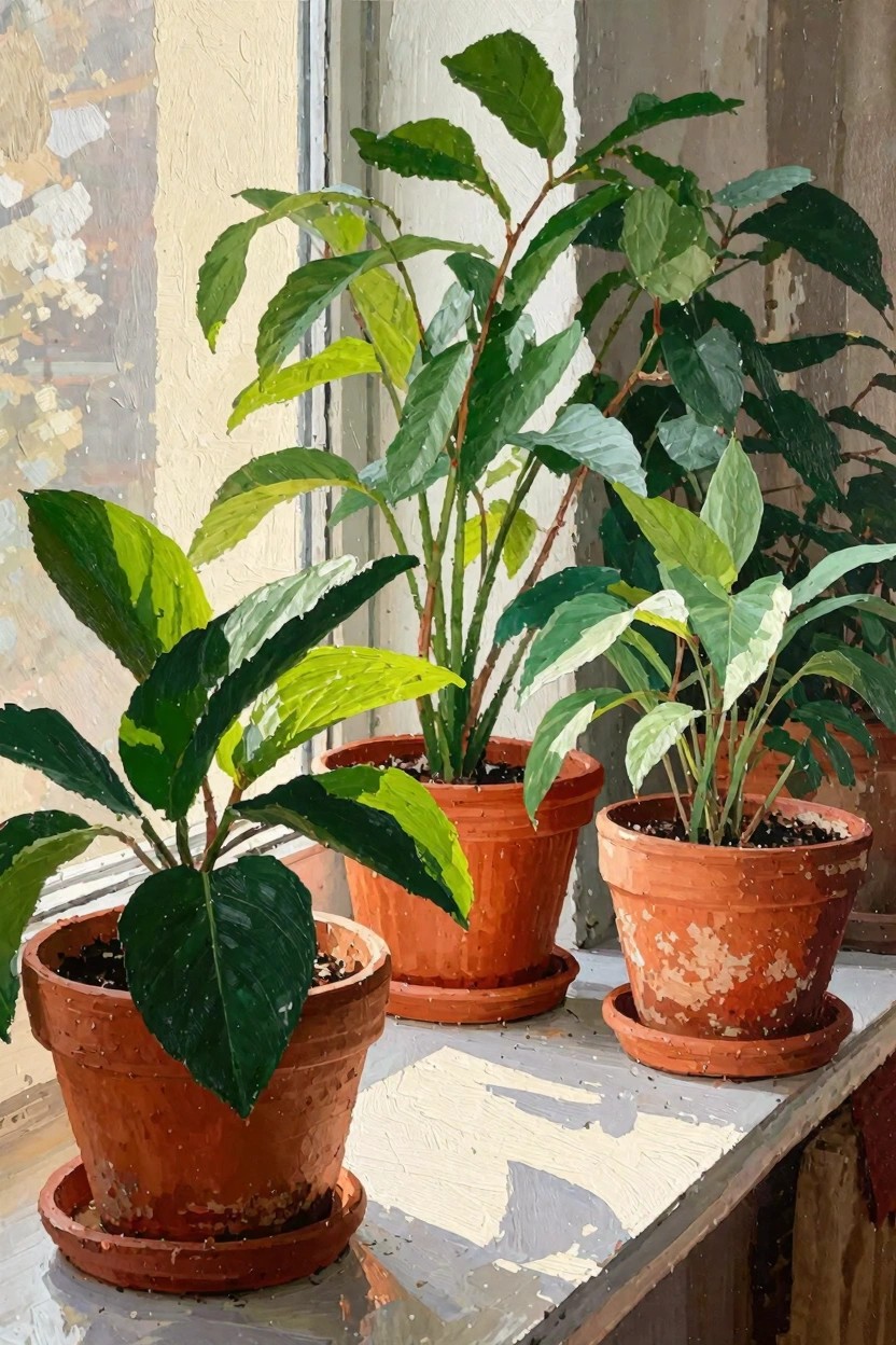 Acrylic painting of green leafy houseplants in terracotta pots lined up on a sunlit windowsill against a peeling plaster wall.