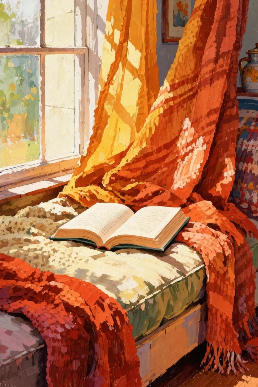 Acrylic painting of sunlight filtering through orange and yellow curtains onto a green window seat with an open book and knitted blanket.