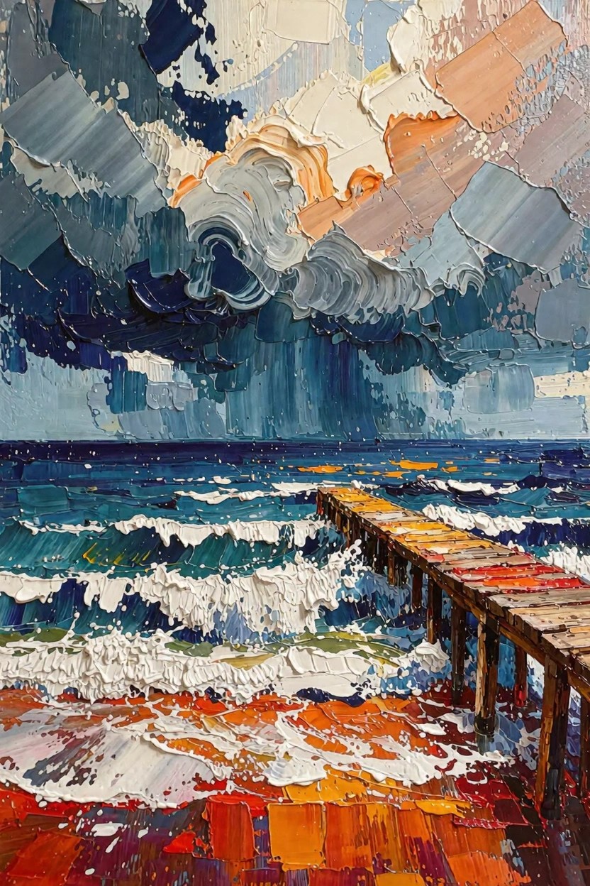 Acrylic impasto painting of a pier extending into turquoise waves and a stormy sky with orange clouds over a red beach.