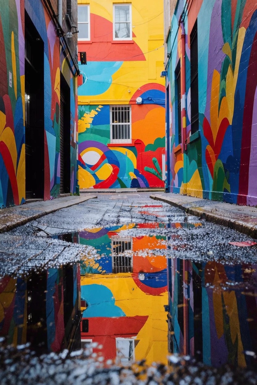 A narrow urban alley with vibrant graffiti murals in yellow, red, pink, and blue on the walls, reflected in puddles on the wet pavement.
