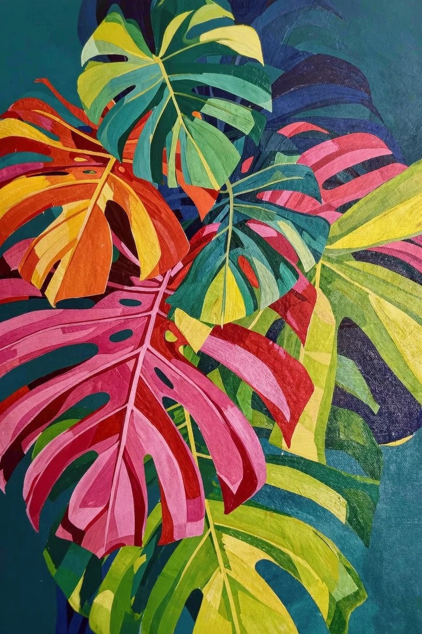 Overlapping monstera leaves painted in bright pink, orange, green, yellow, and teal on a dark teal background.