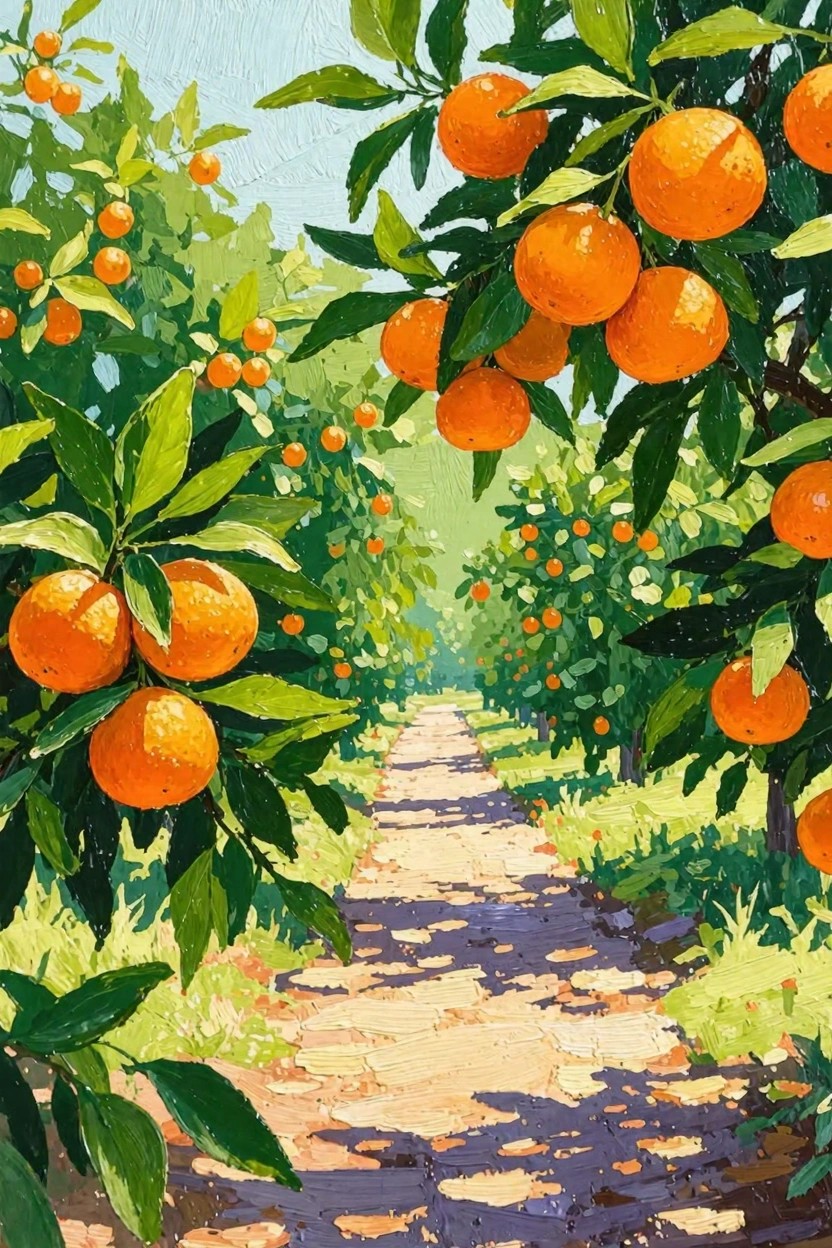 Acrylic painting of a sunny orange orchard path flanked by trees laden with oranges and green leaves.