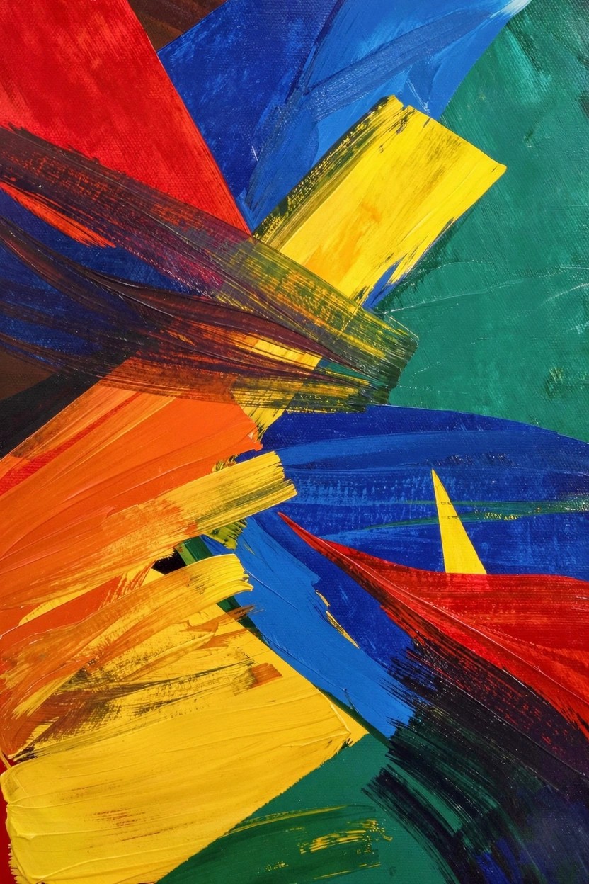 Abstract acrylic painting with thickly brushed overlapping shapes in red, blue, green, yellow, orange, and black.