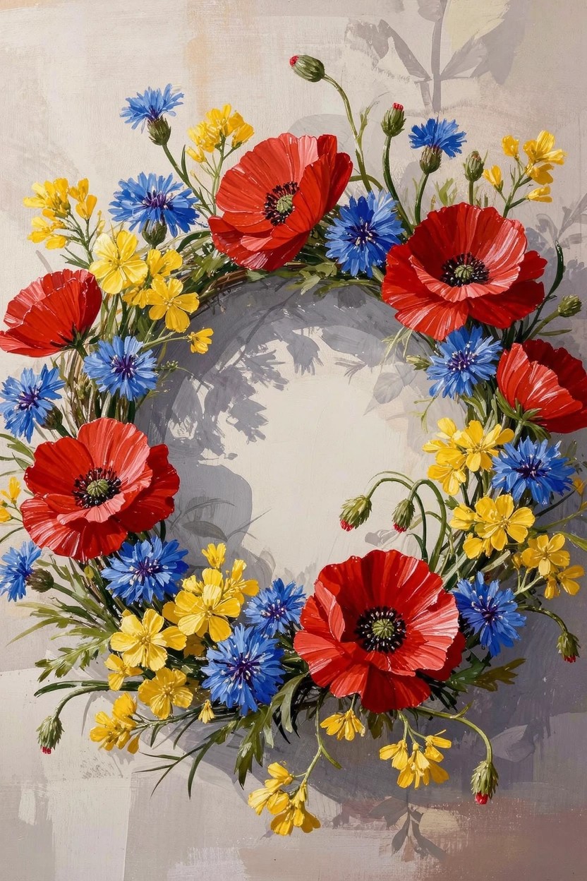 A realistic acrylic painting of a circular wreath made from red poppies, blue cornflowers, and yellow flowers on a beige background with soft shadows.