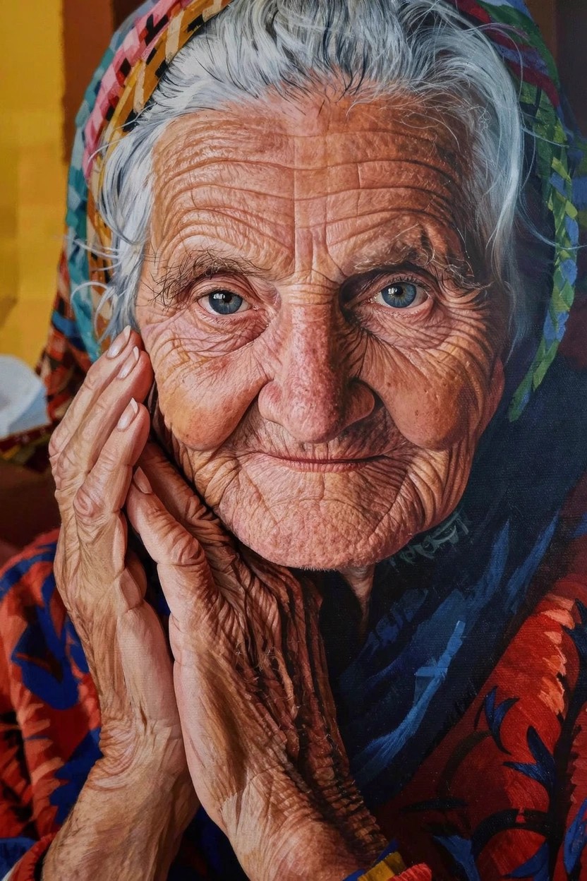 Close-up realistic portrait of an elderly woman with white hair, blue eyes, wrinkled skin, clasped hands near face, wearing colorful patterned headscarf and blouse against yellow background.