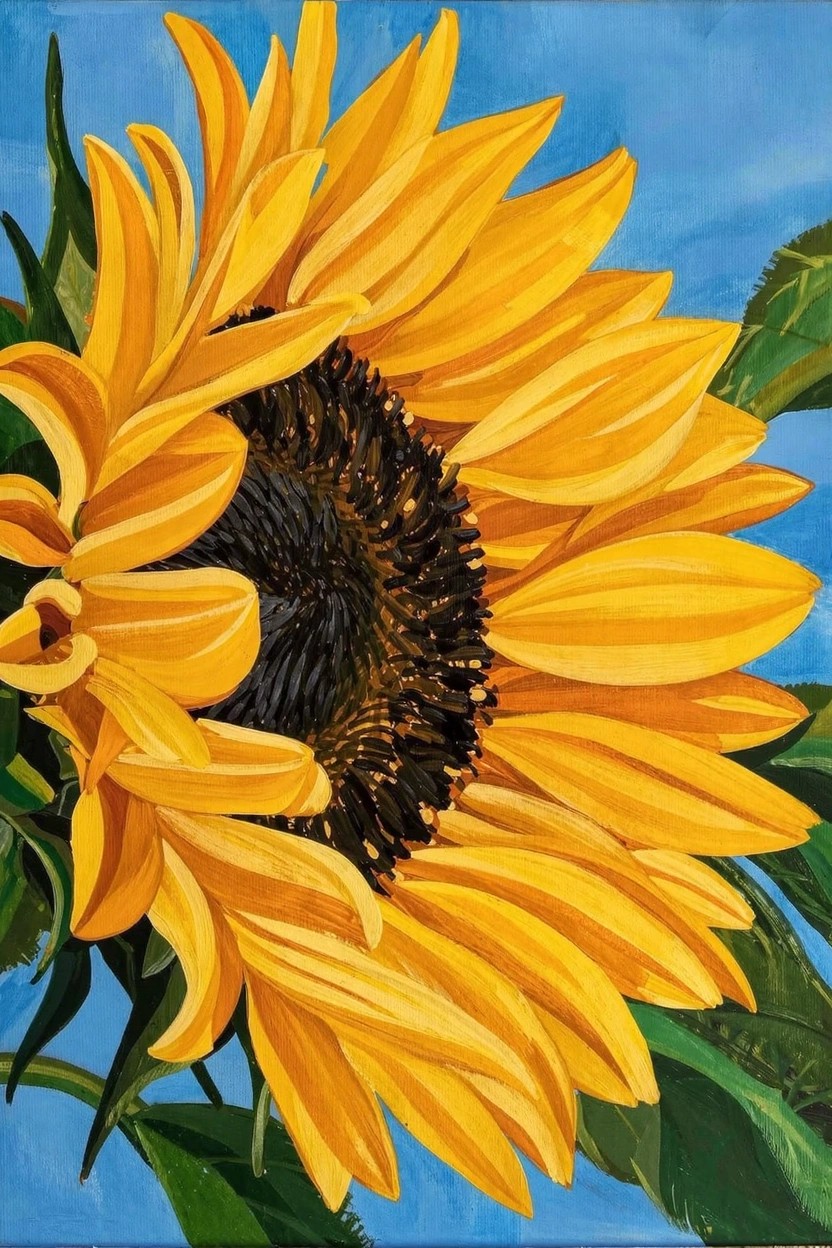 Close-up acrylic painting of a yellow sunflower with dark center and green leaves against a solid blue background.