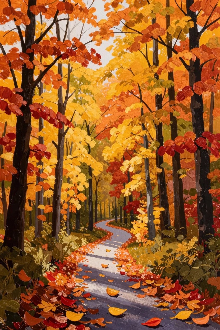 Vertical acrylic painting of a curving path lined with fallen leaves winding through orange, yellow, and red autumn trees.