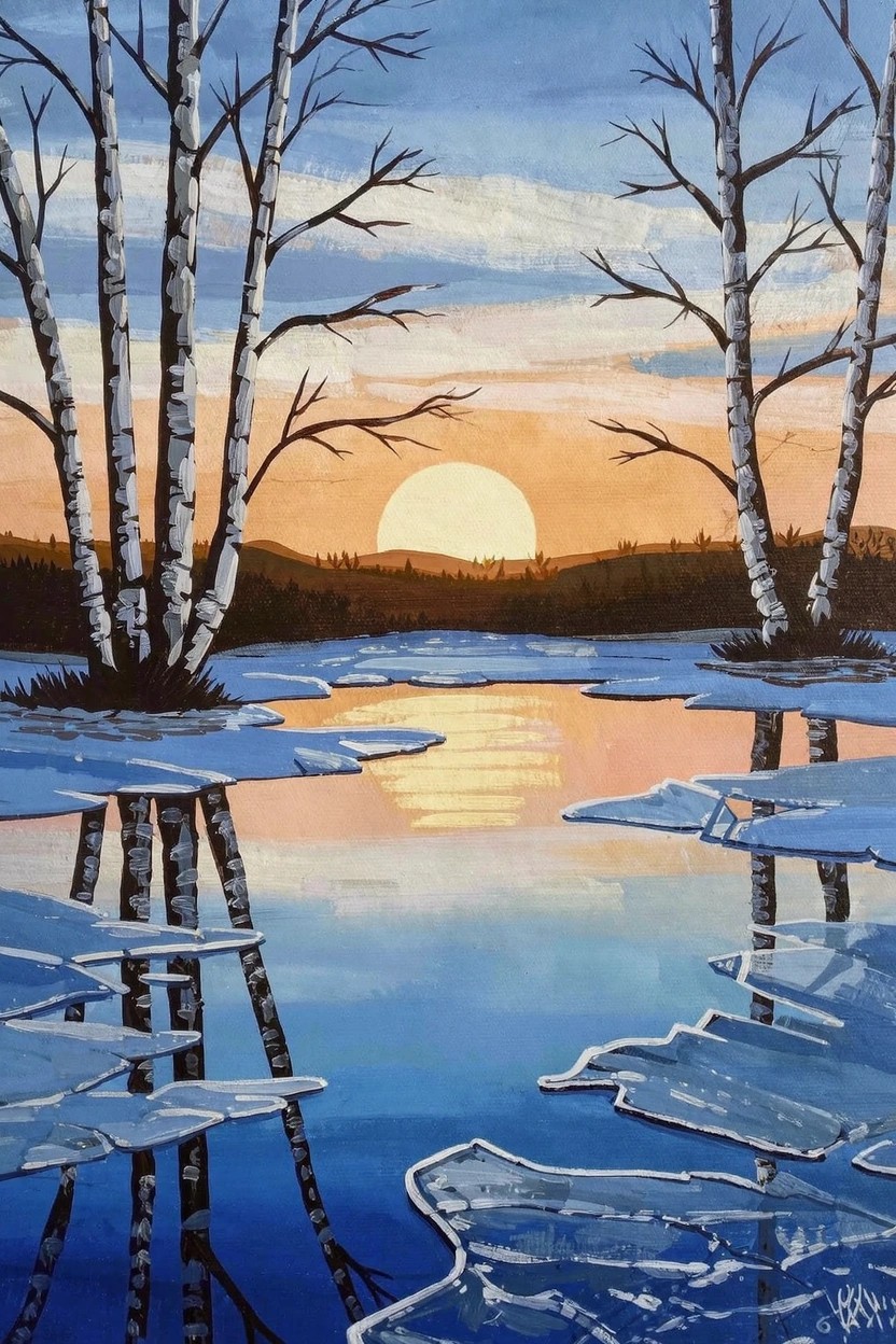 Acrylic painting of white birch trees with black markings framing an orange setting sun over hills, reflected in blue icy water on snow-covered ground.