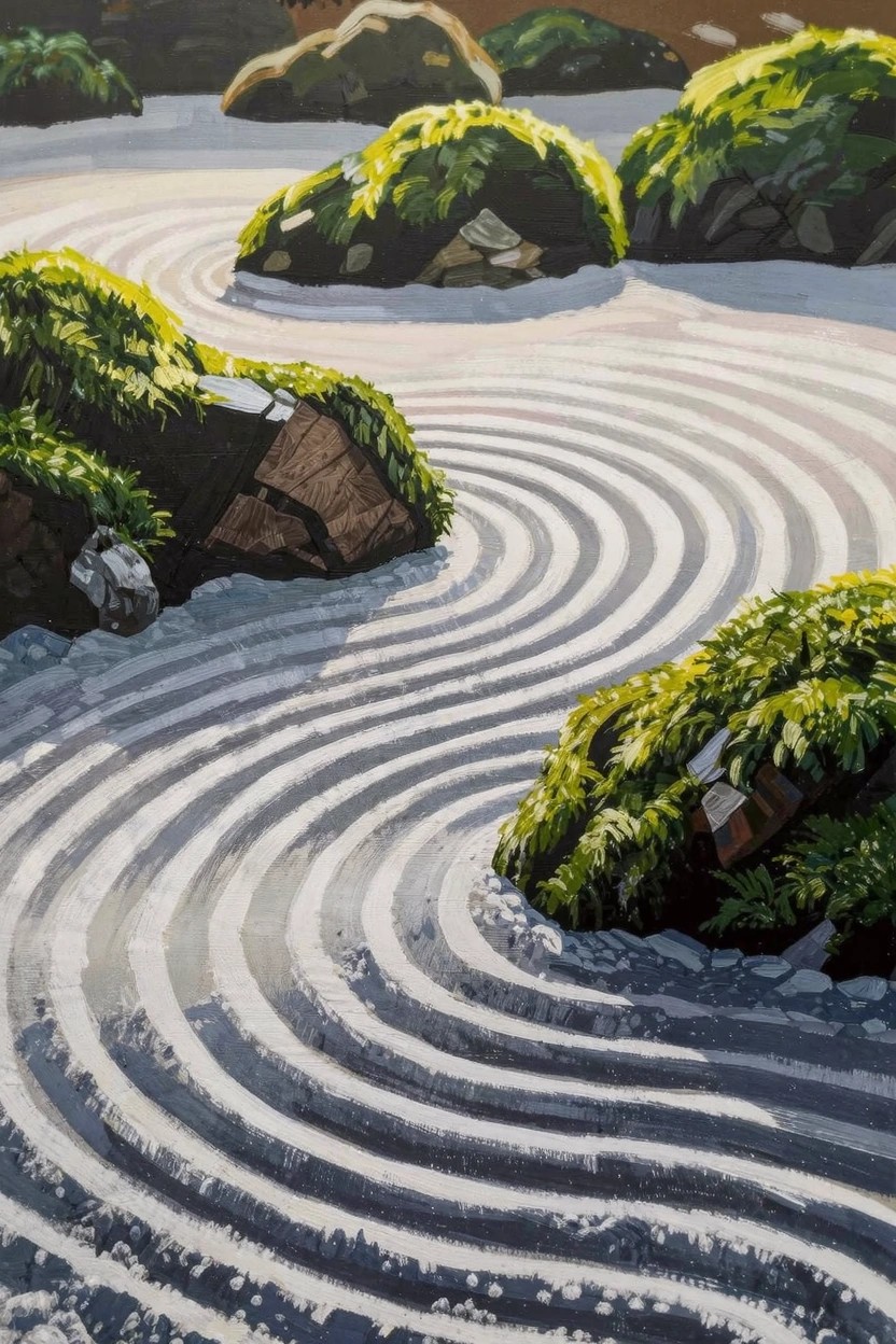 Acrylic painting of white gravel raked into tight spirals surrounding moss-covered rocks on a sandy ground.