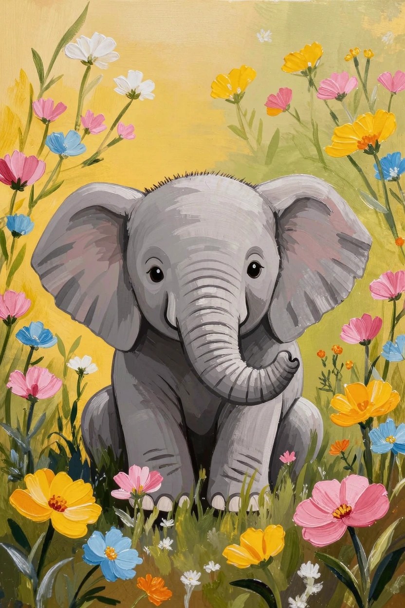 A stylized gray baby elephant sits centered amid colorful wildflowers on a yellow-green background.