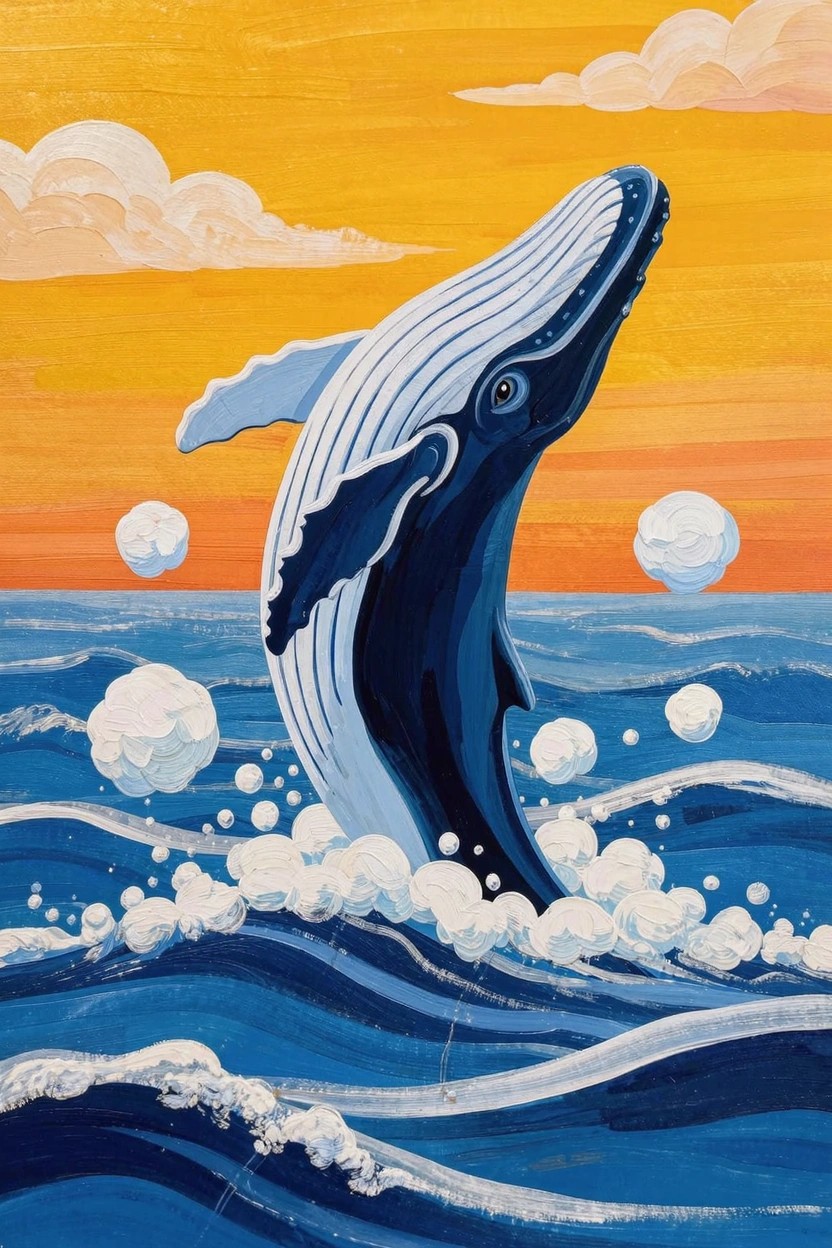 Acrylic painting of a blue humpback whale leaping from blue ocean waves with white foam and bubbles under an orange sunset sky and white clouds.