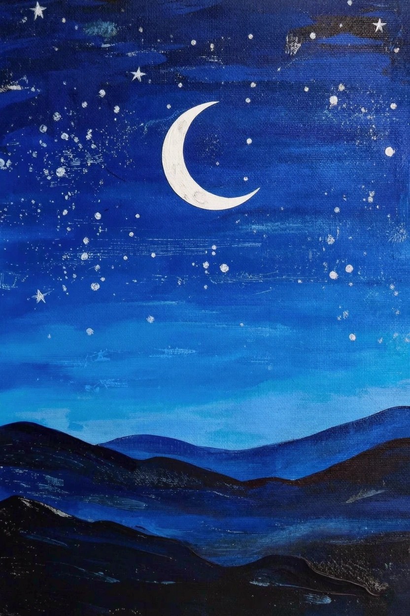Dark blue acrylic painting of a starry night sky with white crescent moon and layered black mountain silhouettes.
