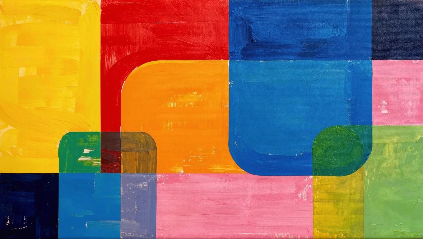 Abstract acrylic painting of interlocking geometric rectangles and curved arcs in vibrant pink, yellow, orange, blue, green, and teal.