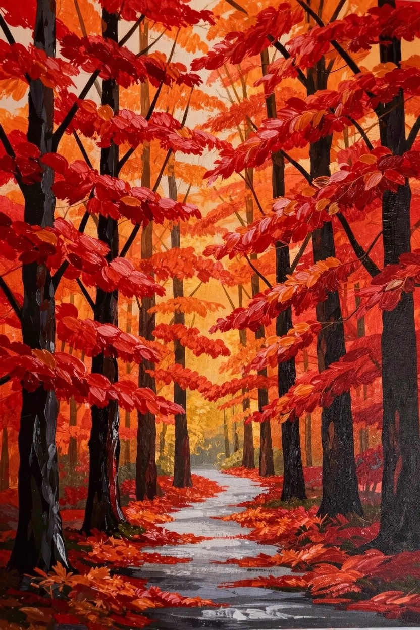 Acrylic painting of a gray path winding through tall trees with vibrant red and orange autumn leaves and dark trunks.