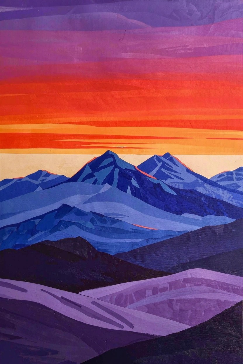 Geometric acrylic landscape painting with layered blue-purple mountains under a gradient orange-red-purple sunset sky.