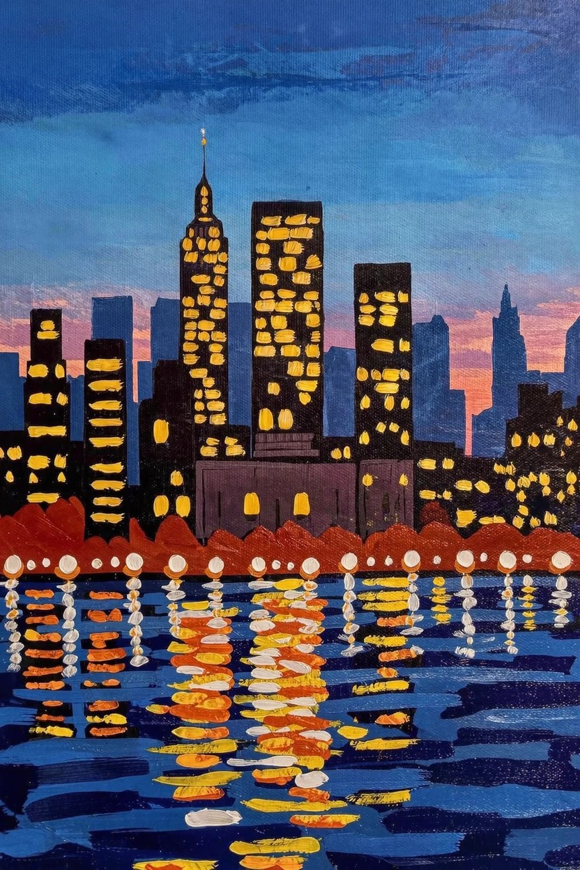Acrylic painting of New York City skyline at dusk with yellow-lit skyscrapers reflected in blue water.