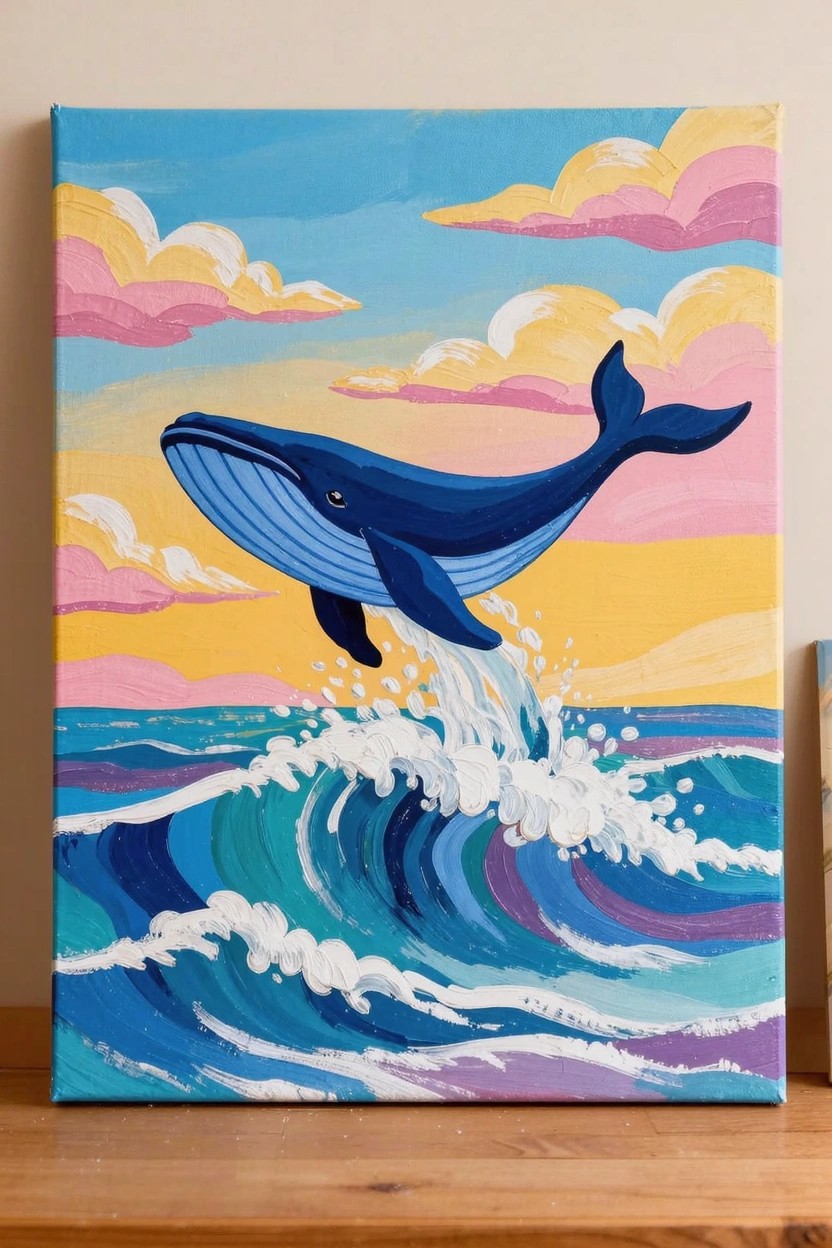 Acrylic canvas painting of a blue whale jumping from turquoise waves beneath a pink-orange-yellow sunset sky with clouds.