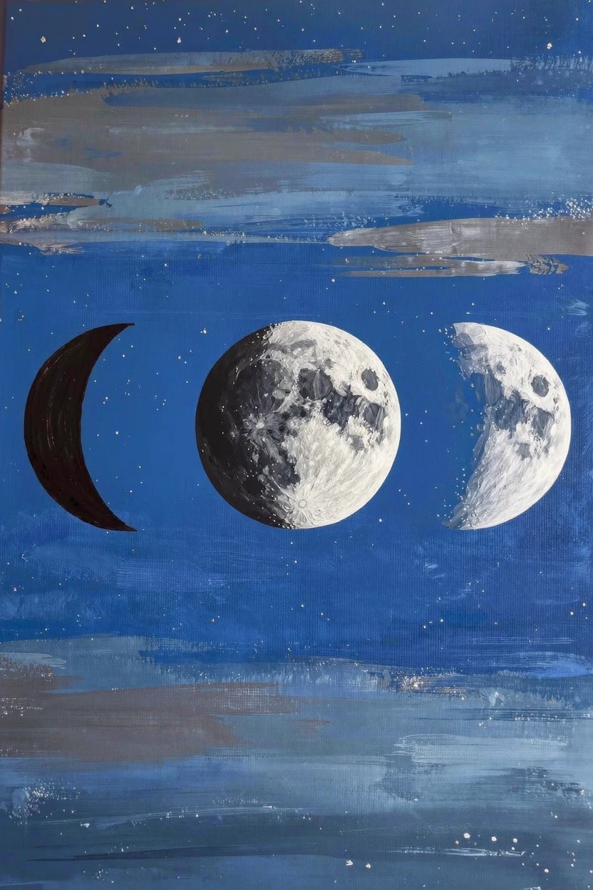 Acrylic painting of three moon phases—crescent, full, and gibbous—aligned horizontally on a blue starry sky with cloudy brushwork.