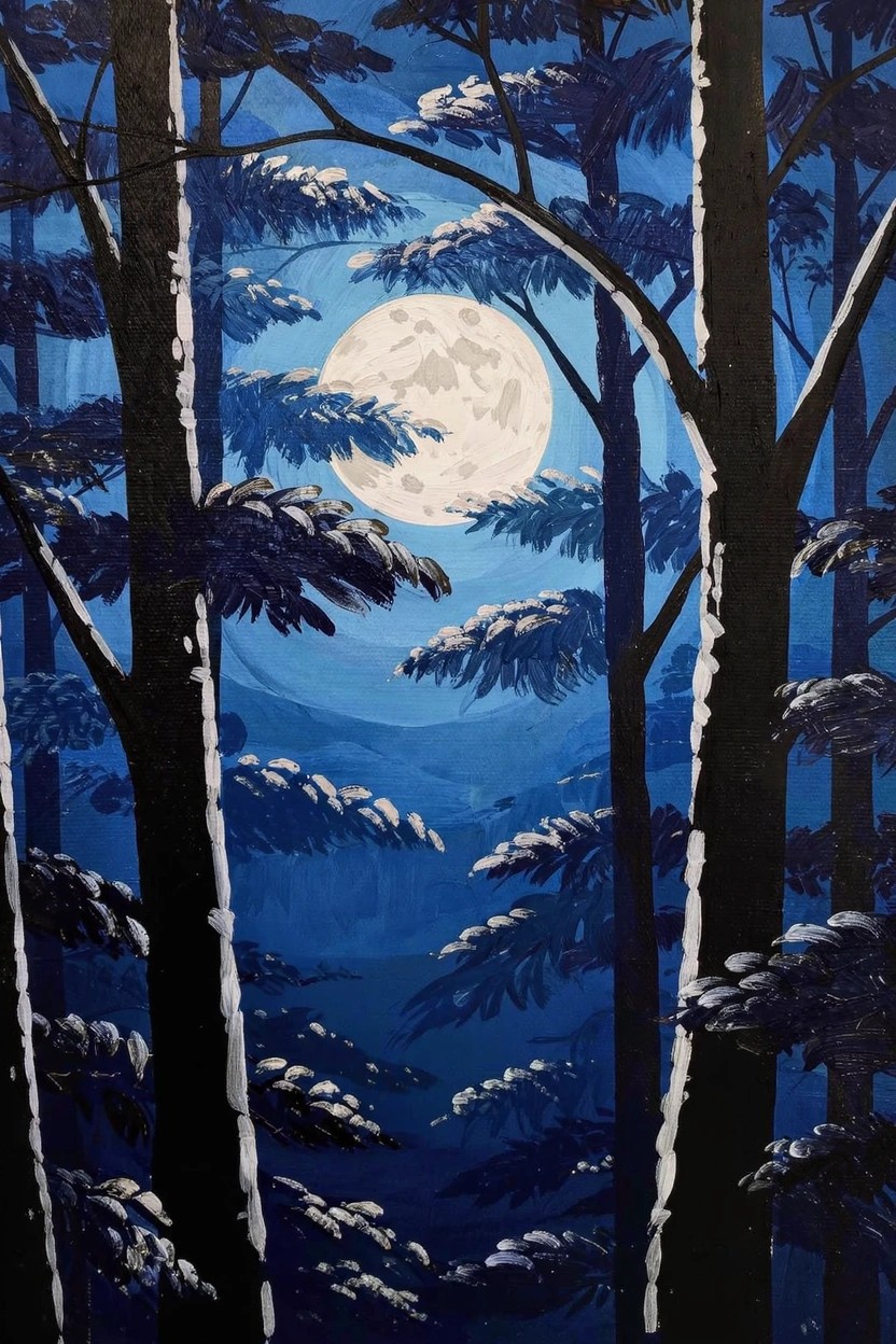 Acrylic painting of silhouetted dark pine trees with snow on branches framing a full white moon in a deep blue snowy landscape.