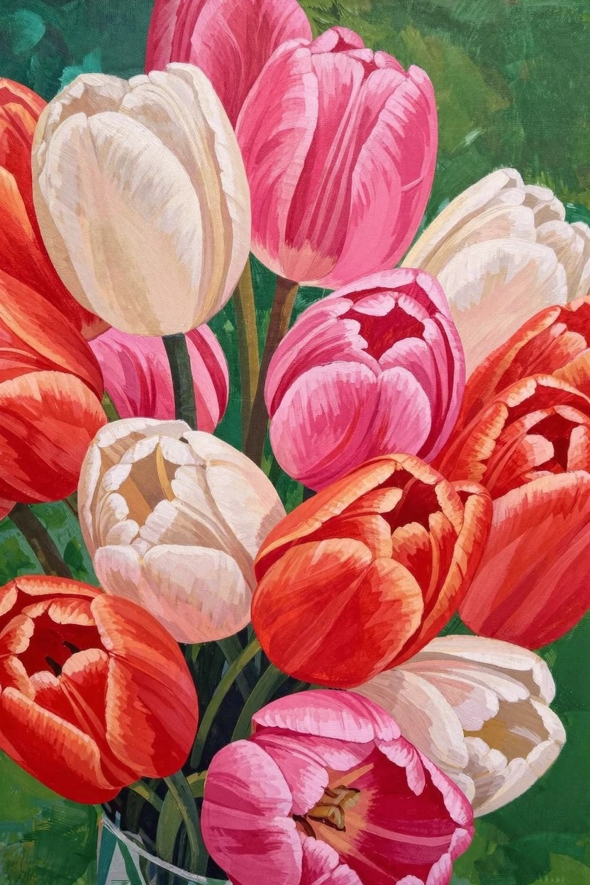 Acrylic painting of white, pink, orange, and red tulips clustered in a glass vase on a green background.