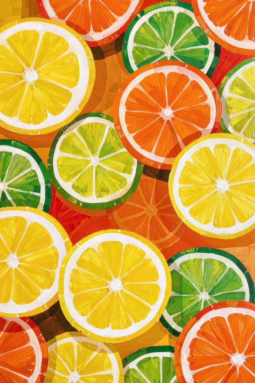 Vibrant acrylic painting of overlapping orange, lemon, and lime slices arranged in a colorful cluster on a warm background.
