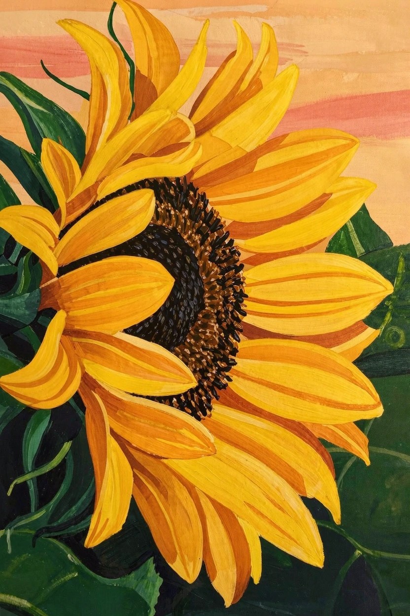 Close-up acrylic painting of a yellow sunflower in profile with brown center, green leaves, and orange-pink sunset background.