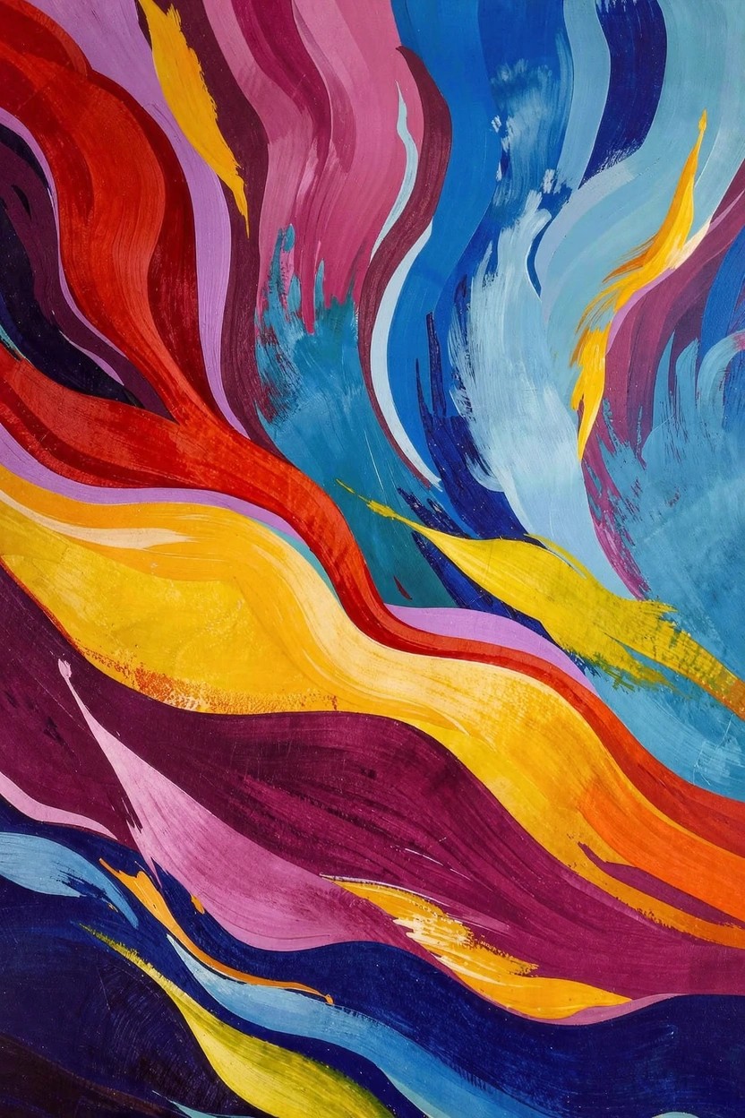 Vertical abstract acrylic painting of swirling, overlapping shapes in reds, oranges, yellows, blues, and purples with visible brushstrokes and layered paint.
